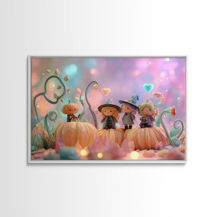 The Pumpkin Flower Garden, Cute Spooky Neon Art, Landscape Wall Art, Canvas Print, Retro Halloween Decor, Neon Wall Art, Horror Wall Art