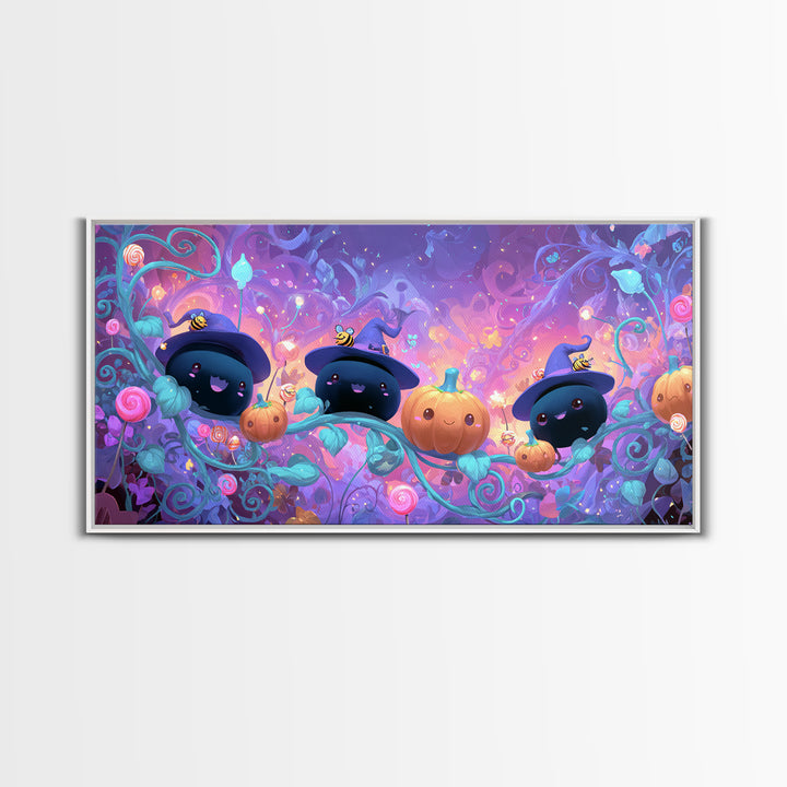 The Pumpkin Flower Garden, Cute Spooky Neon Art, Wide Panoramic Art, Canvas Print, Retro Halloween Decor, Neon Wall Art, Gothic Home Decor