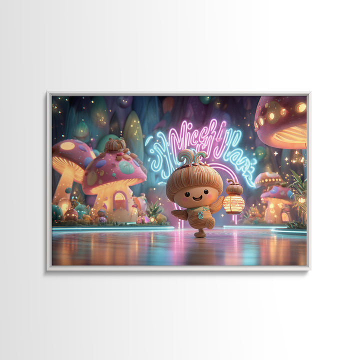 The Moonlit Acorn Village, Vaporwave Halloween Decor, Landscape Wall Art, Framed Canvas Print, Retro Halloween Decor, Neon Wall Art