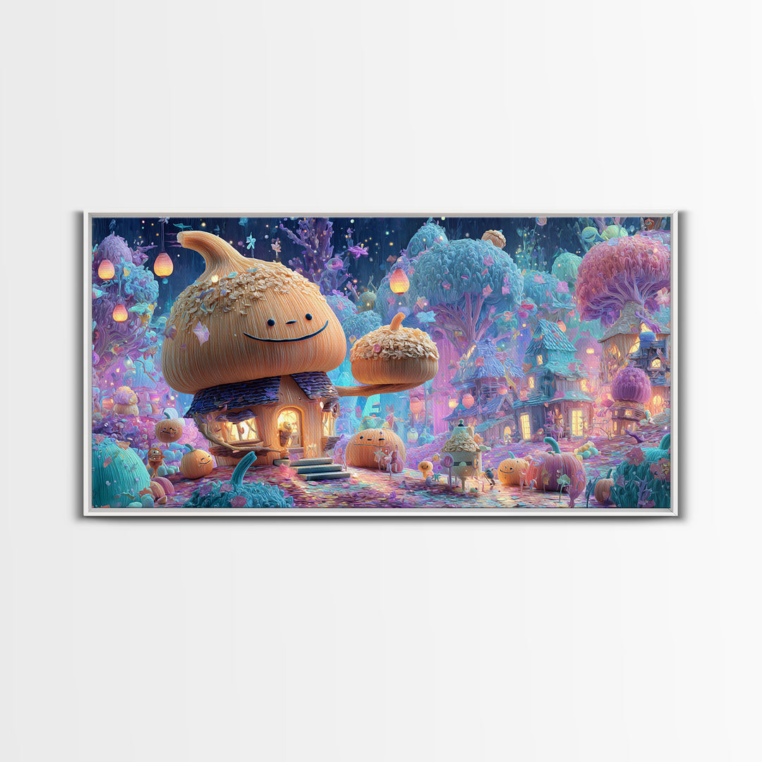 The Moonlit Acorn Village, Retro Neon Halloween Art, Wide Panoramic Art, Canvas Print, Retro Halloween Decor, Neon Wall Art