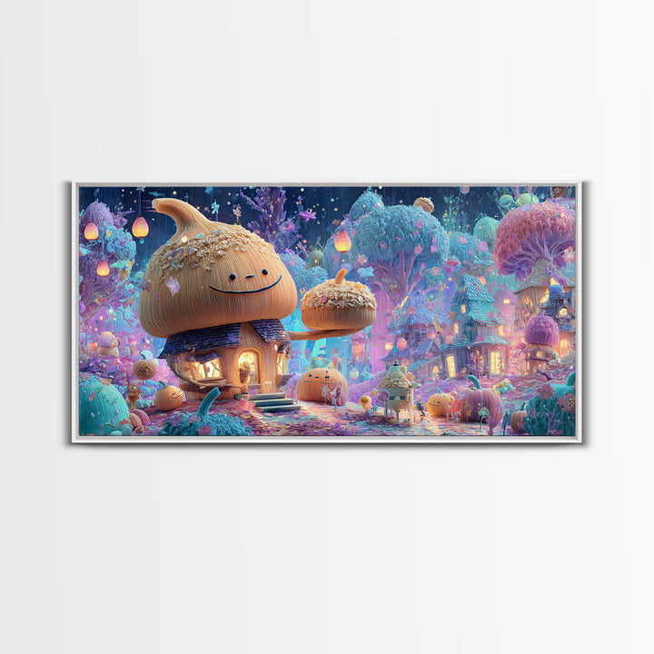 The Moonlit Acorn Village, Retro Neon Halloween Art, Wide Panoramic Art, Canvas Print, Retro Halloween Decor, Neon Wall Art