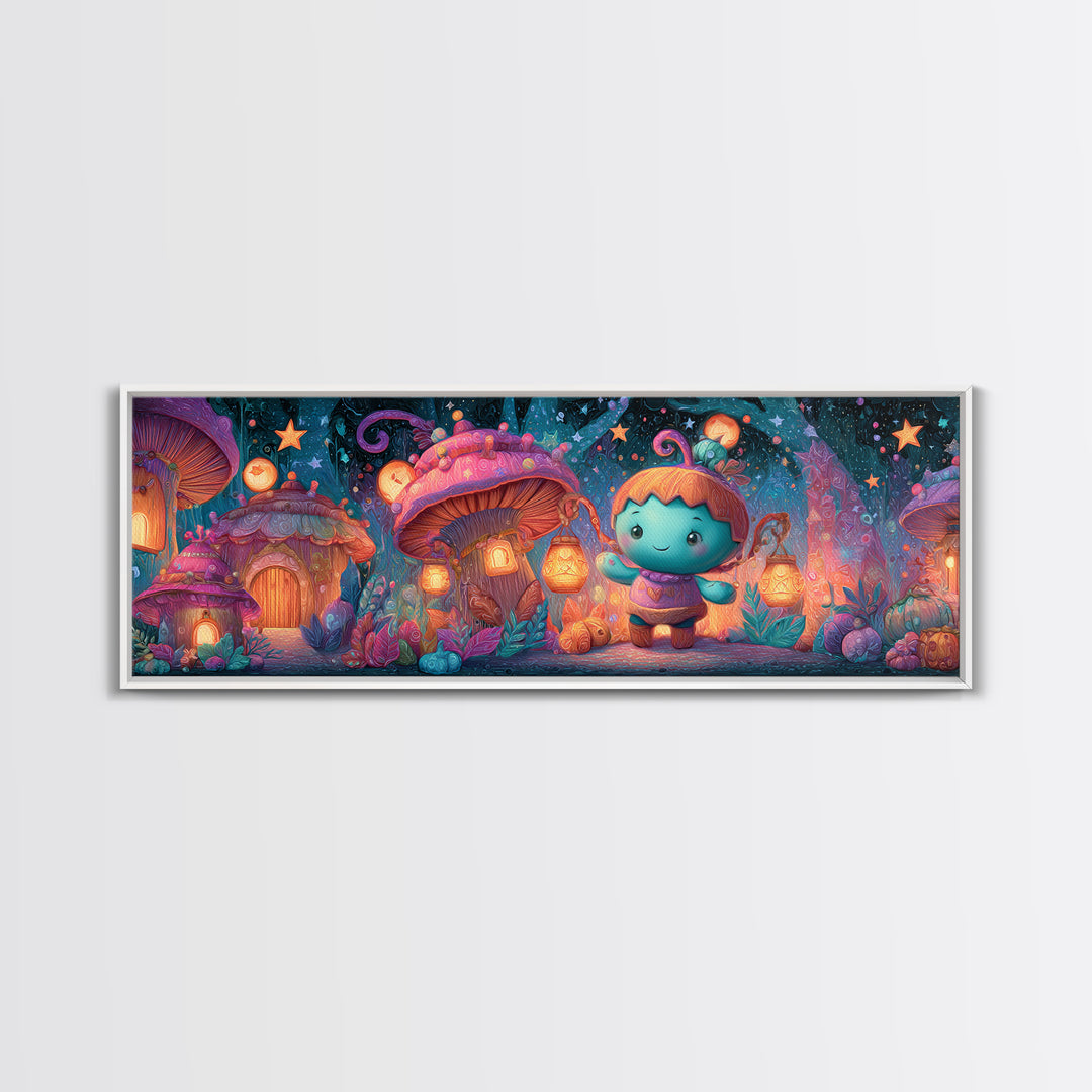 The Moonlit Acorn Village, 80s Halloween Wall Art, Extra Wide Wall Art, Canvas Print, Retro Halloween Decor, Neon Wall Art