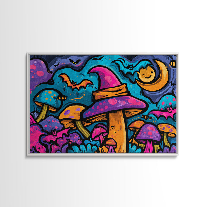 The Friendly Mushroom Forest, Vaporwave Halloween Decor, Landscape Wall Art, Framed Canvas Print, Retro Halloween Decor, Neon Wall Art