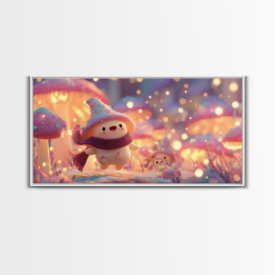 The Friendly Mushroom Forest, Vaporwave Halloween Decor, Wide Panoramic Art, Framed Canvas Print, Retro Halloween Decor, Neon Wall Art