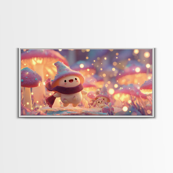 The Friendly Mushroom Forest, Vaporwave Halloween Decor, Wide Panoramic Art, Framed Canvas Print, Retro Halloween Decor, Neon Wall Art