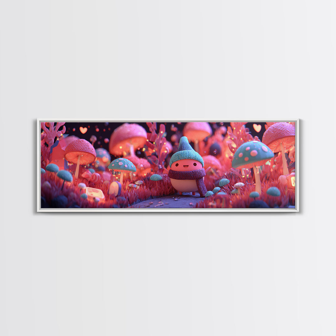 The Friendly Mushroom Forest, Retro Neon Halloween Art, Extra Wide Wall Art, Framed Canvas Print, Retro Halloween Decor, Neon Wall Art