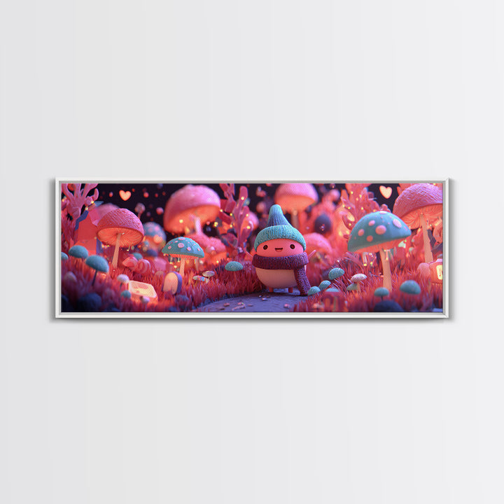 The Friendly Mushroom Forest, Retro Neon Halloween Art, Extra Wide Wall Art, Framed Canvas Print, Retro Halloween Decor, Neon Wall Art