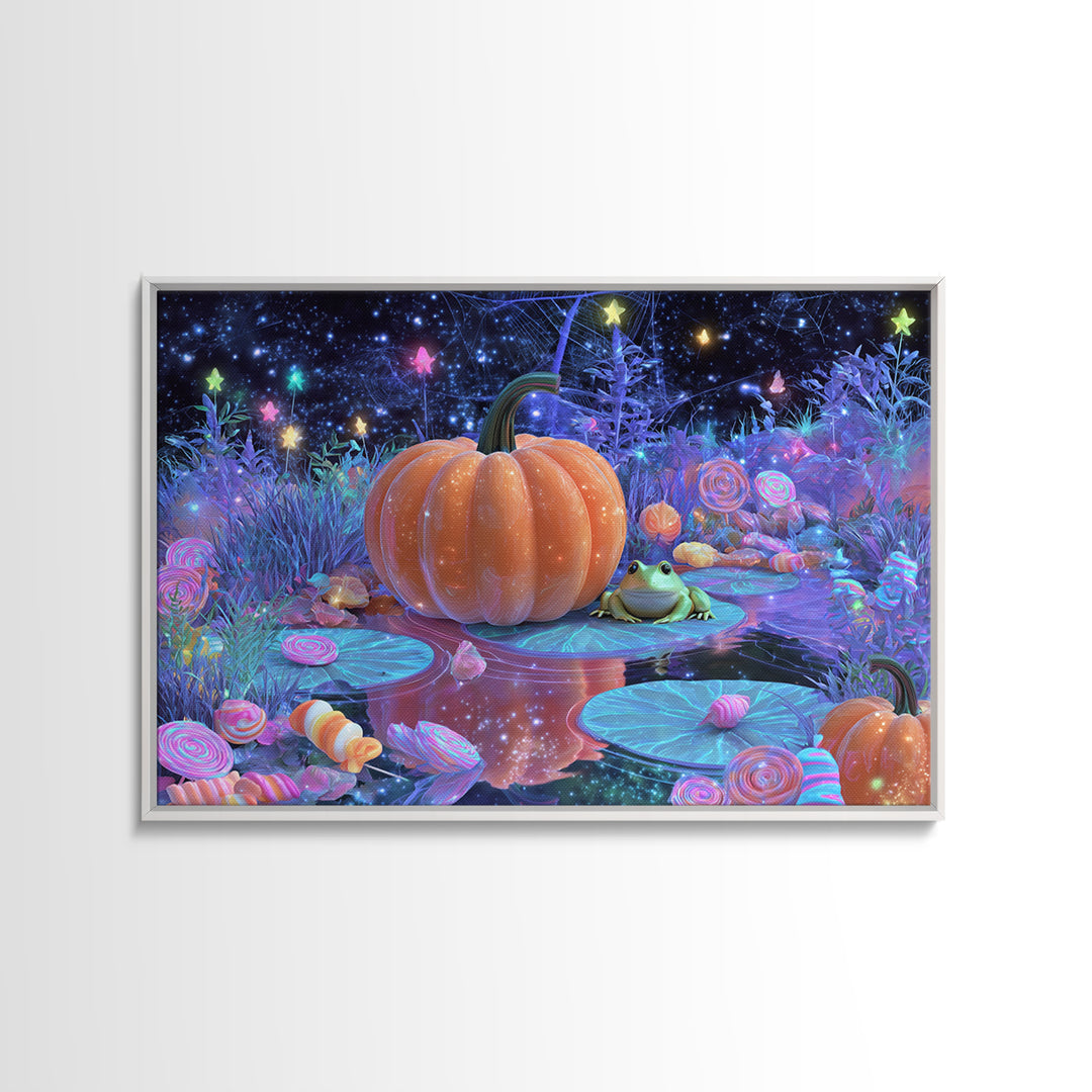 The Star-Filled Pumpkin Pond, Vaporwave Halloween Decor, Landscape Wall Art, Framed Canvas Print, Retro Halloween Decor, Neon Wall Art