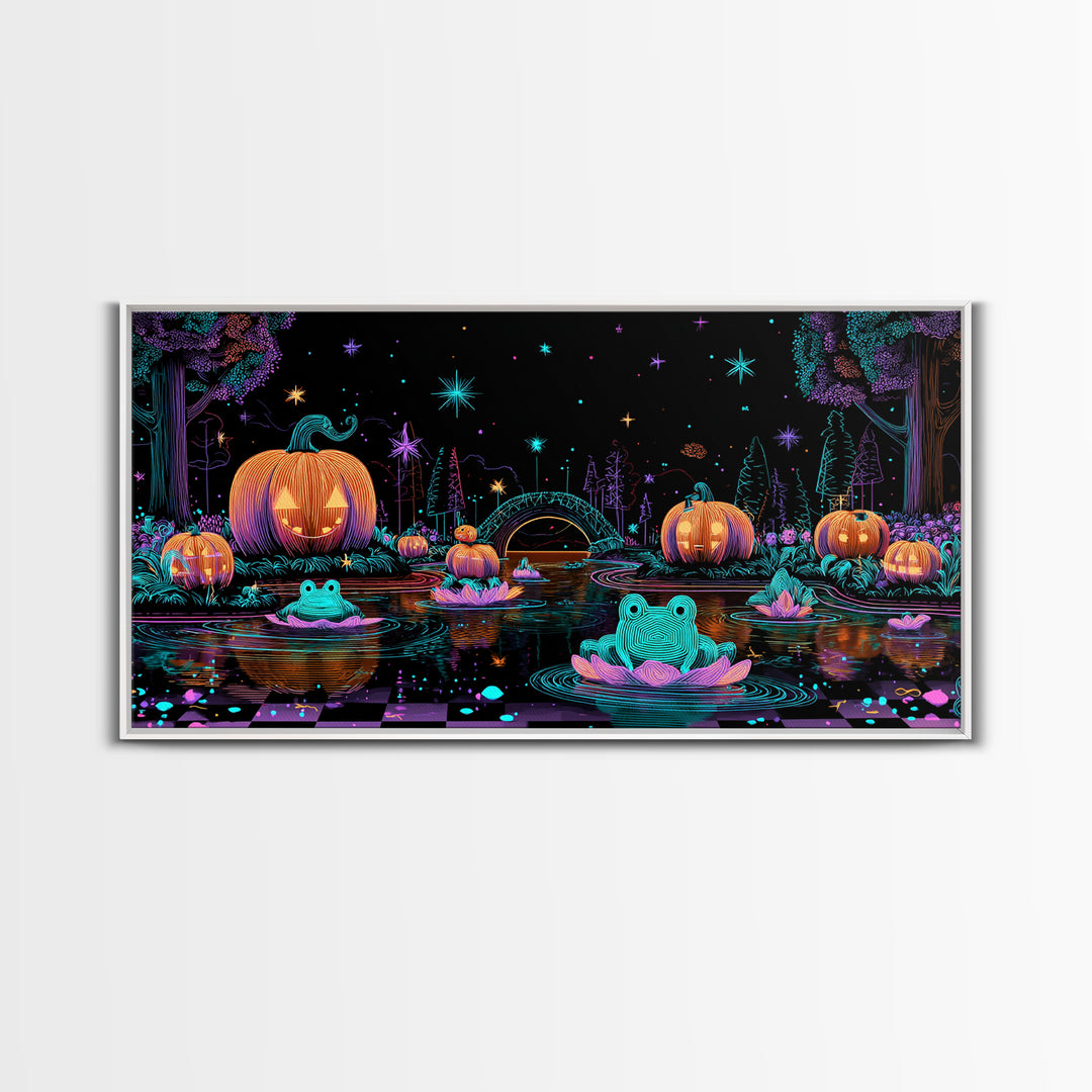 The Star-Filled Pumpkin Pond, Retro Neon Halloween Art, Wide Panoramic Art, Framed Canvas Print, Retro Halloween Decor, Neon Wall Art