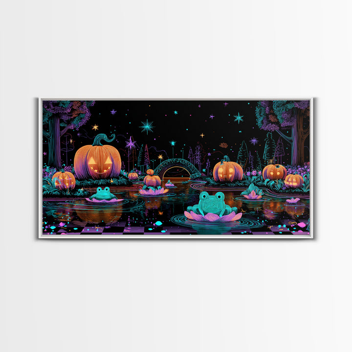 The Star-Filled Pumpkin Pond, Retro Neon Halloween Art, Wide Panoramic Art, Framed Canvas Print, Retro Halloween Decor, Neon Wall Art