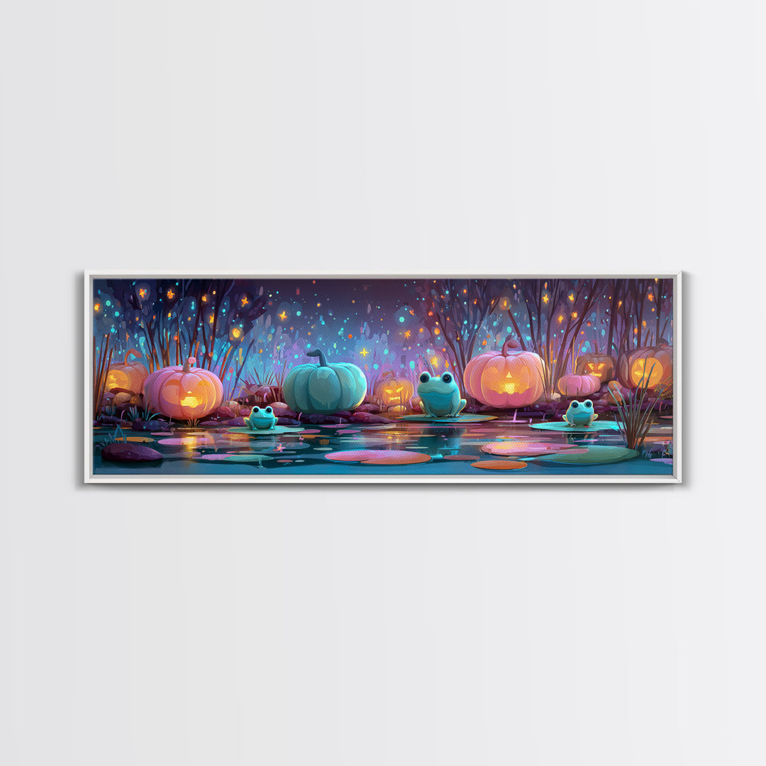 The Star-Filled Pumpkin Pond, Retro Neon Halloween Art, Extra Wide Wall Art, Canvas Print, Retro Halloween Decor, Neon Wall Art