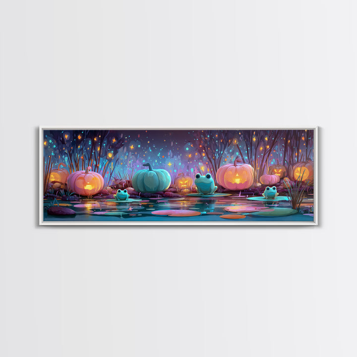 The Star-Filled Pumpkin Pond, Retro Neon Halloween Art, Extra Wide Wall Art, Canvas Print, Retro Halloween Decor, Neon Wall Art