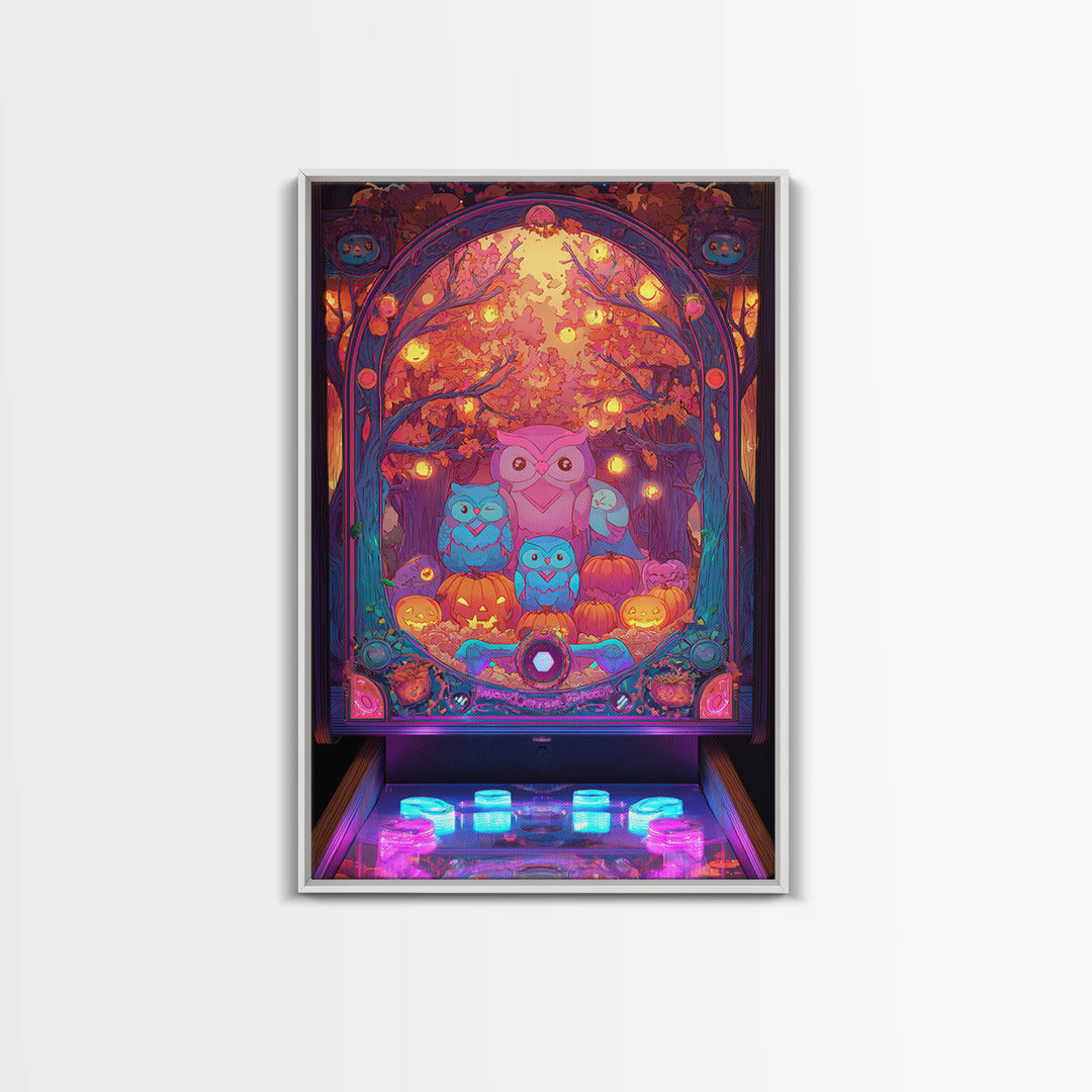 The Sleepy Owl Orchard, Cute Spooky Neon Art, Vertical Wall Art, Framed Canvas Print, Retro Halloween Decor, Neon Wall Art