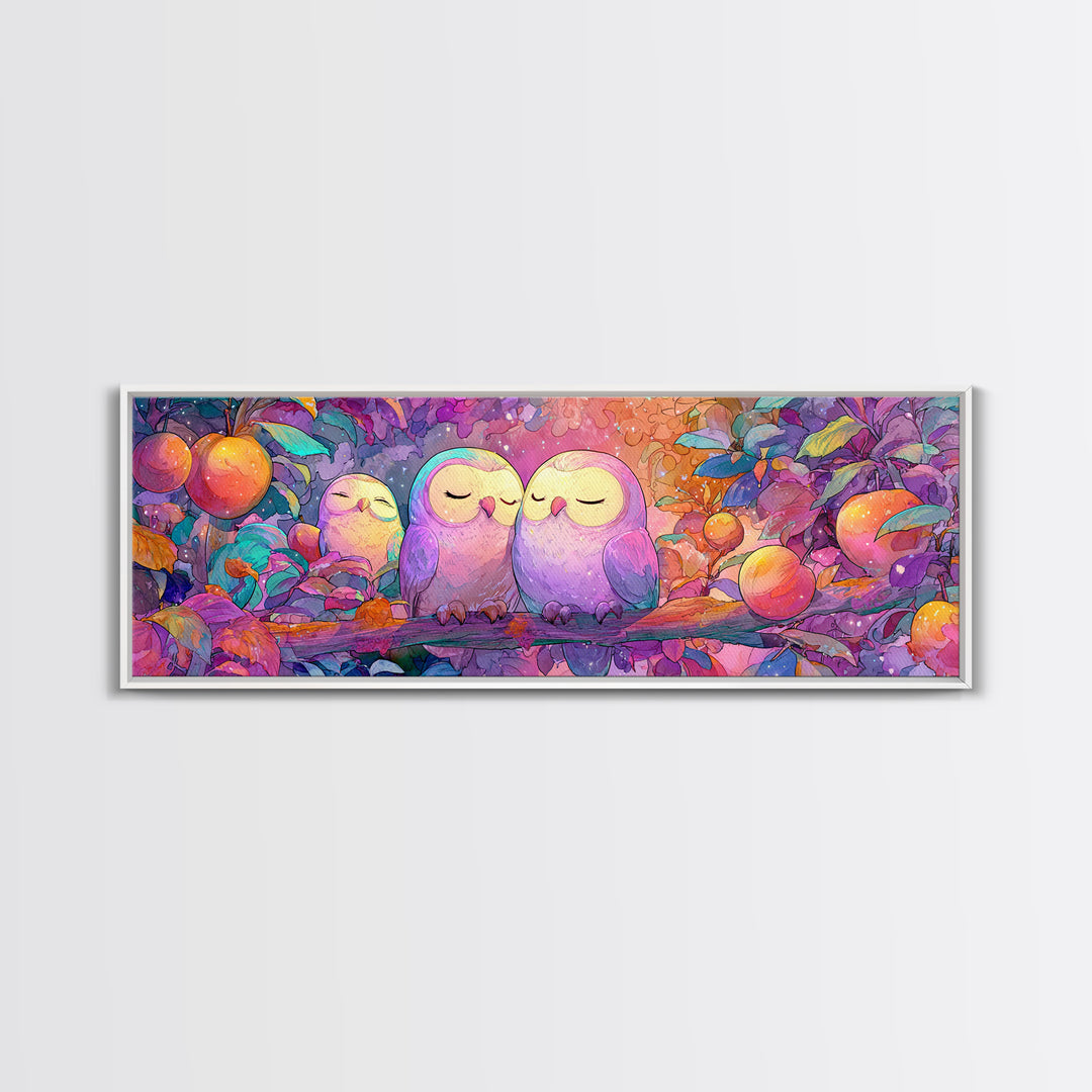 The Sleepy Owl Orchard, Cute Spooky Neon Art, Extra Wide Wall Art, Framed Canvas Print, Retro Halloween Decor, Neon Wall Art