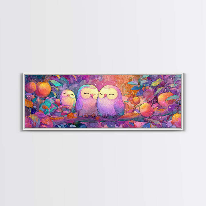 The Sleepy Owl Orchard, Cute Spooky Neon Art, Extra Wide Wall Art, Framed Canvas Print, Retro Halloween Decor, Neon Wall Art