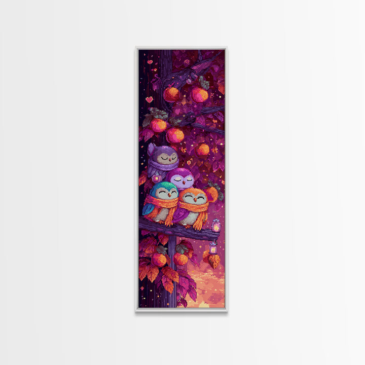 The Sleepy Owl Orchard, Retro Neon Halloween Art, Tall Narrow Wall Art, Framed Canvas Print, Retro Halloween Decor, Neon Wall Art