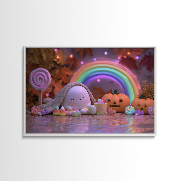 The Rainbow After The Halloween Rain, Synthwave Halloween Art, Landscape Wall Art, Framed Canvas Print, Retro Halloween Decor, Neon Wall Art