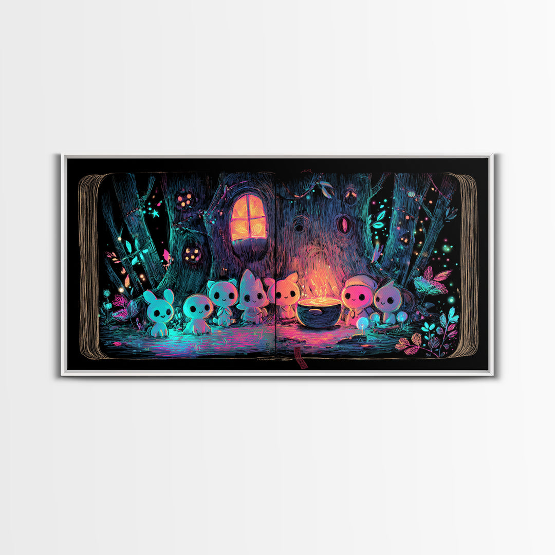 The Cozy Hollow Tree, Retro Neon Halloween Art, Wide Panoramic Art, Canvas Print, Retro Halloween Decor, Neon Wall Art, Statement Wall Art