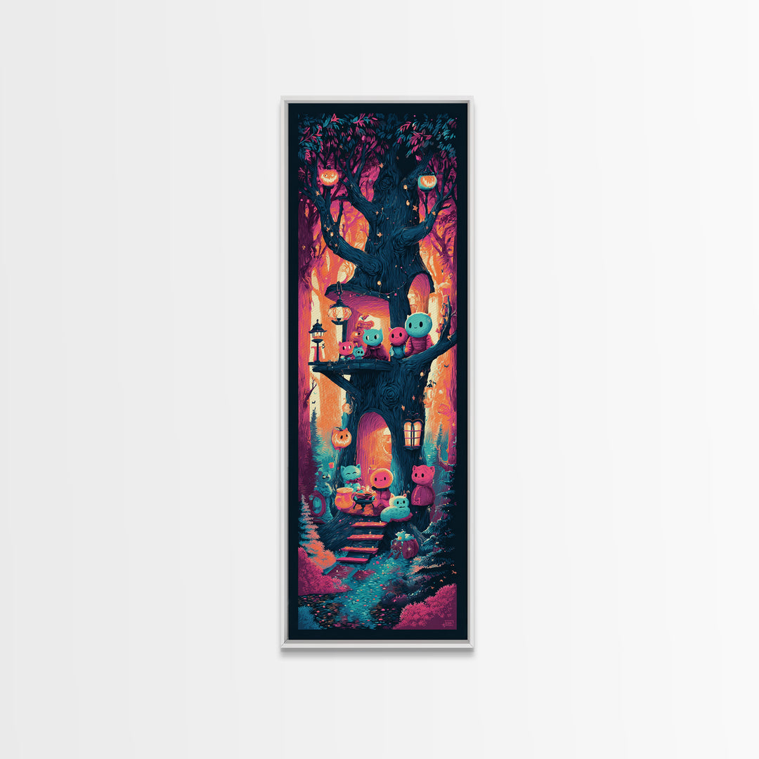The Cozy Hollow Tree, Retro Neon Halloween Art, Tall Narrow Wall Art, Canvas Print, Retro Halloween Decor, Neon Wall Art, Statement Wall Art