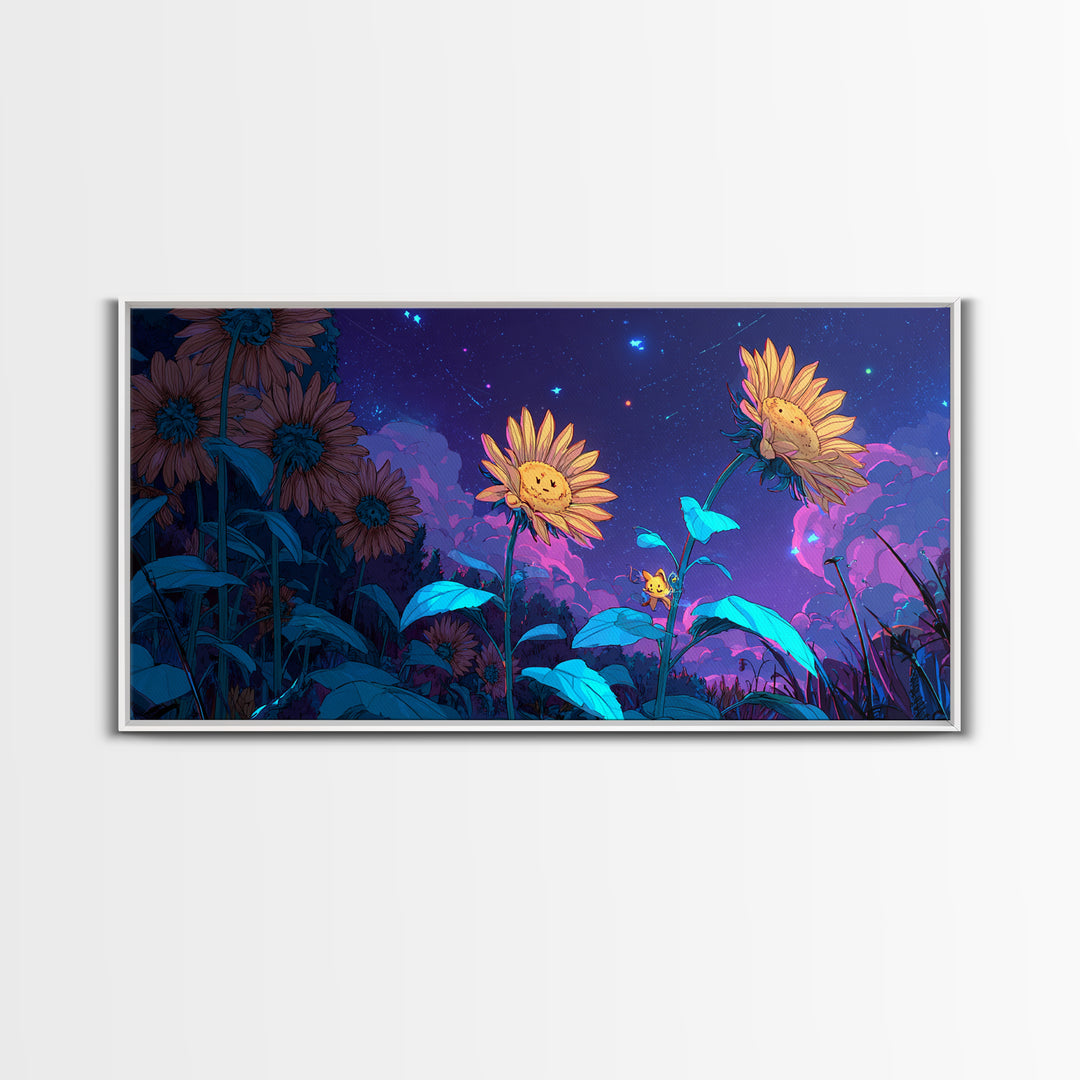 The Singing Sunflowers At Midnight, Synthwave Halloween Art, Wide Panoramic Art, Canvas Print, Retro Halloween Decor, Neon Wall Art