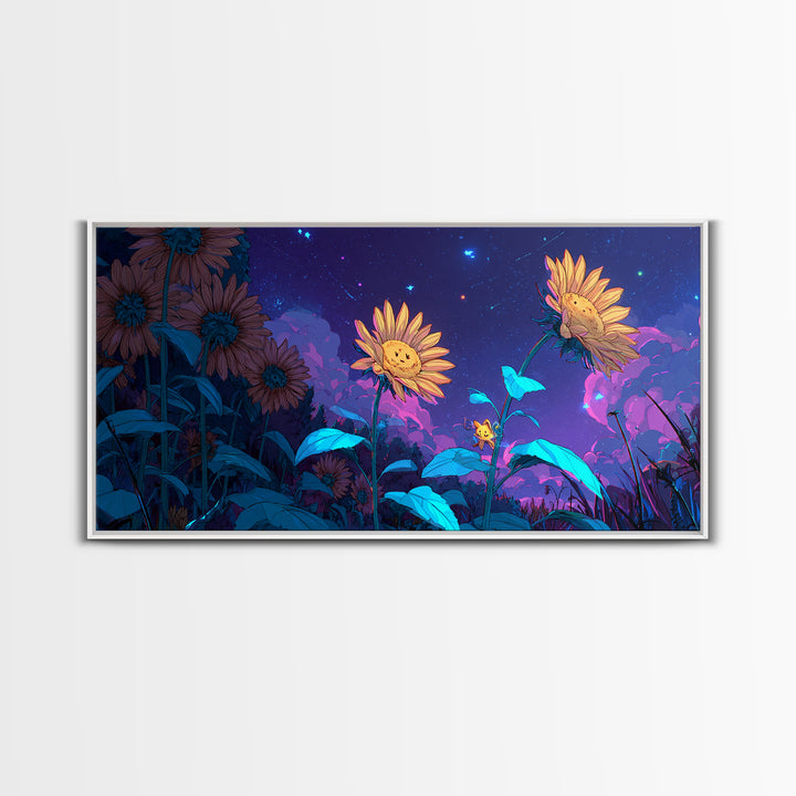 The Singing Sunflowers At Midnight, Synthwave Halloween Art, Wide Panoramic Art, Canvas Print, Retro Halloween Decor, Neon Wall Art