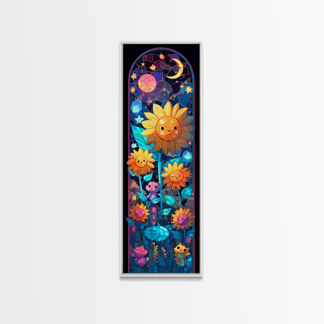 The Singing Sunflowers At Midnight, Retro Neon Halloween Art, Tall Narrow Wall Art, Framed Canvas Print, Retro Halloween Decor