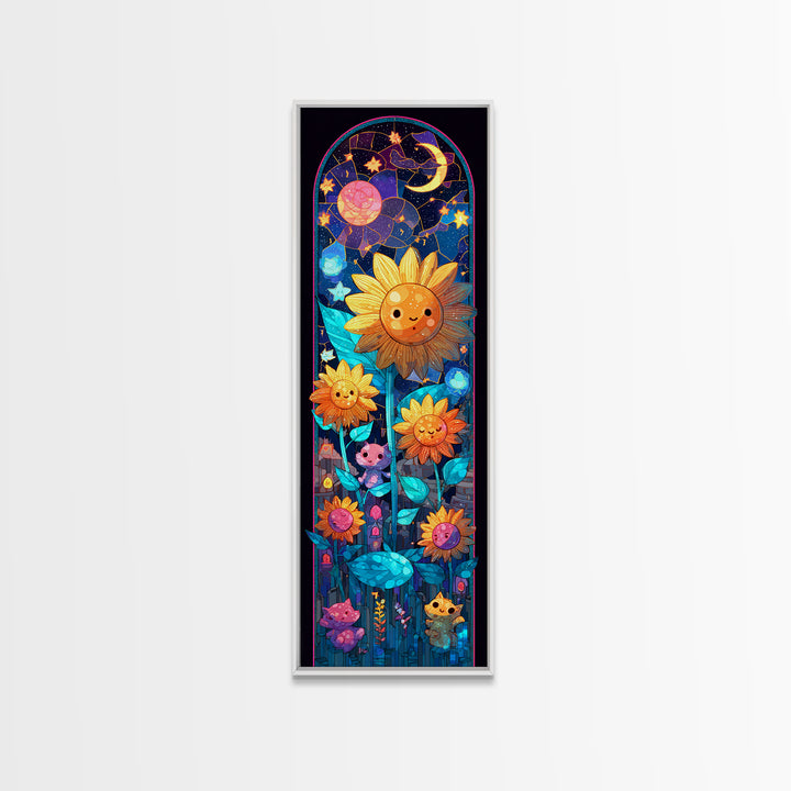 The Singing Sunflowers At Midnight, Retro Neon Halloween Art, Tall Narrow Wall Art, Framed Canvas Print, Retro Halloween Decor