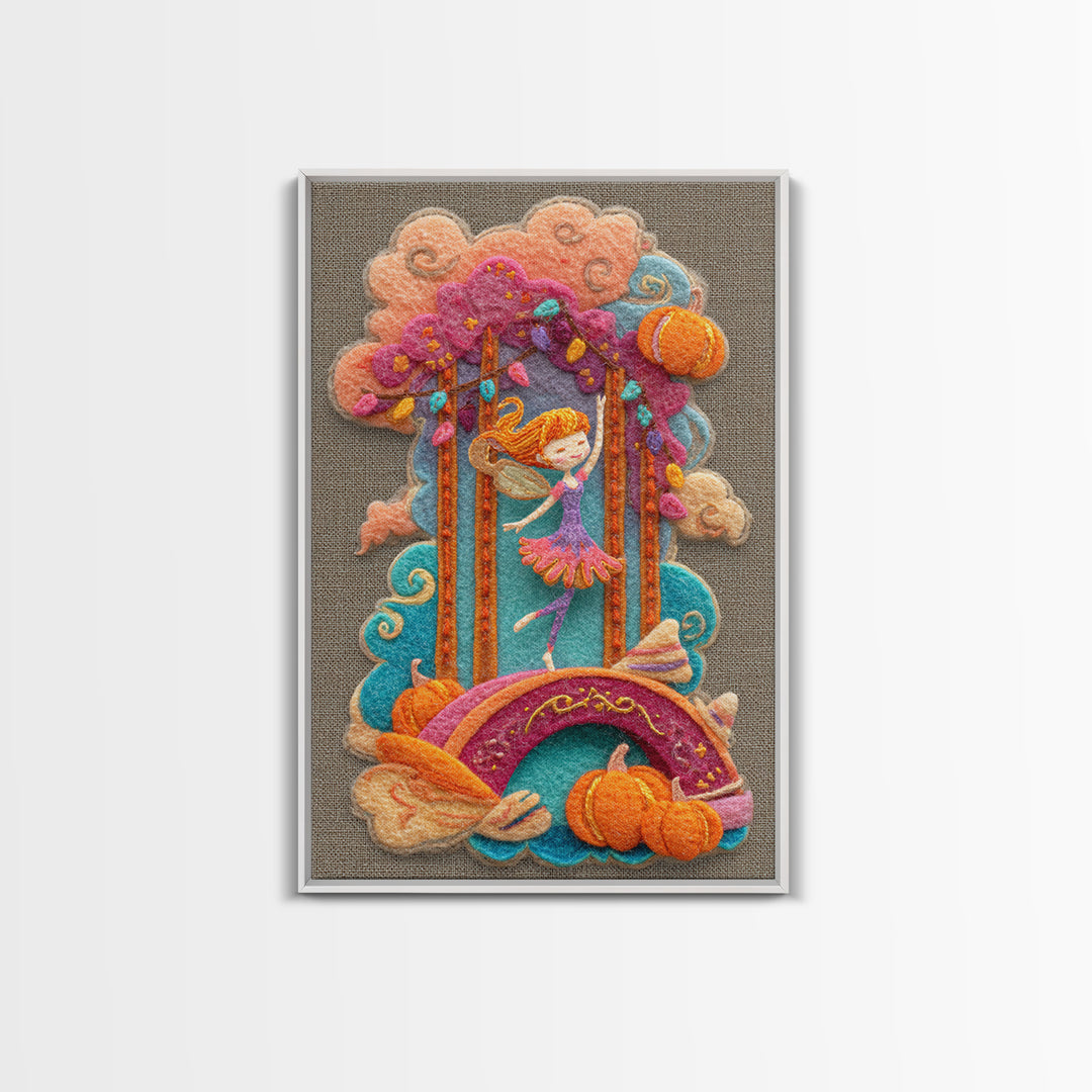 The Autumn Fairy Bridge, Cute Spooky Neon Art, Vertical Wall Art, Canvas Print, Retro Halloween Decor, Neon Wall Art, Collectible Wall Decor