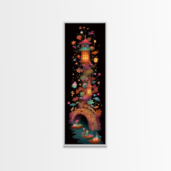 The Autumn Fairy Bridge, Cute Spooky Neon Art, Tall Narrow Wall Art, Canvas Print, Retro Halloween Decor, Neon Wall Art