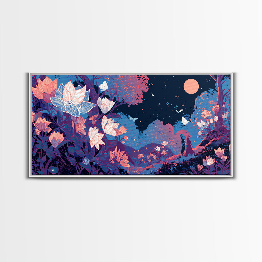 The Moon-Moth Garden, Cute Spooky Neon Art, Wide Panoramic Art, Framed Canvas Print, Retro Halloween Decor, Neon Wall Art, Horror Wall Art