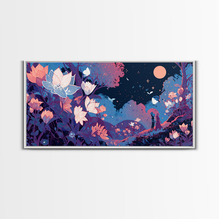The Moon-Moth Garden, Cute Spooky Neon Art, Wide Panoramic Art, Framed Canvas Print, Retro Halloween Decor, Neon Wall Art, Horror Wall Art