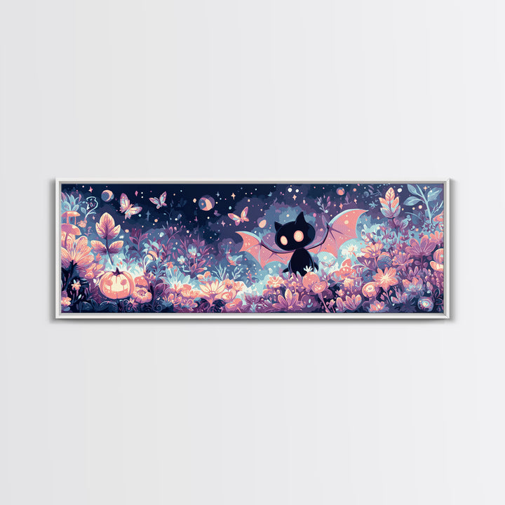 The Moon-Moth Garden, Synthwave Halloween Art, Extra Wide Wall Art, Framed Canvas Print, Retro Halloween Decor, Neon Wall Art