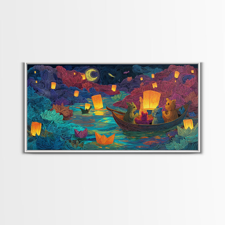 The Golden Leaf River, Cute Spooky Neon Art, Wide Panoramic Art, Framed Canvas Print, Retro Halloween Decor, Neon Wall Art