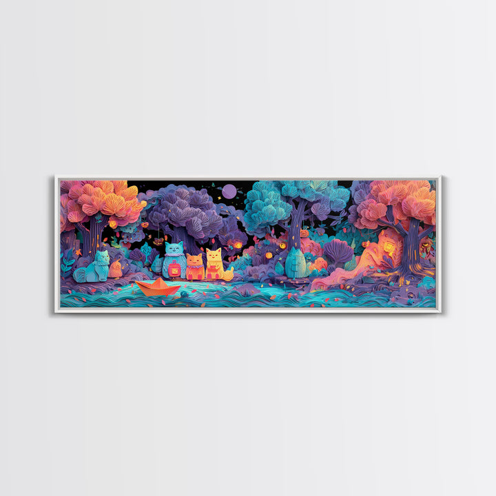The Golden Leaf River, 80s Halloween Wall Art, Extra Wide Wall Art, Canvas Print, Retro Halloween Decor, Neon Wall Art
