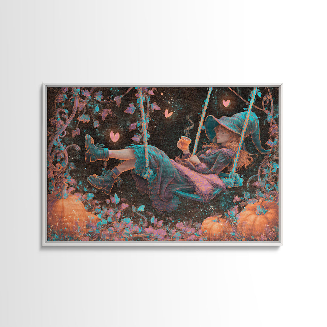 The Pumpkin Vine Swing, Vaporwave Halloween Decor, Landscape Wall Art, Canvas Print, Retro Halloween Decor, Neon Wall Art