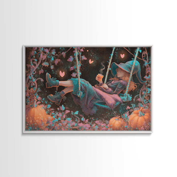 The Pumpkin Vine Swing, Vaporwave Halloween Decor, Landscape Wall Art, Canvas Print, Retro Halloween Decor, Neon Wall Art