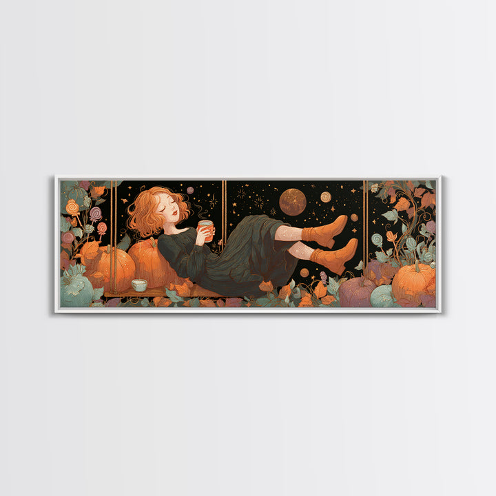 The Pumpkin Vine Swing, 80s Halloween Wall Art, Extra Wide Wall Art, Framed Canvas Print, Retro Halloween Decor, Neon Wall Art