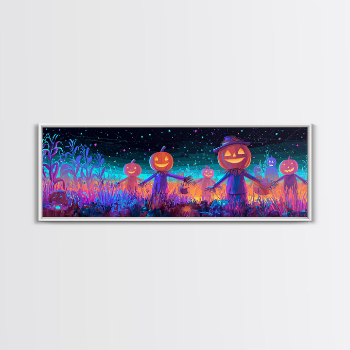 The Starry Cornfield Maze, Retro Neon Halloween Art, Extra Wide Wall Art, Canvas Print, Retro Halloween Decor, Neon Wall Art