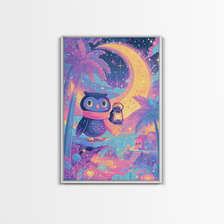 The Owl And The Crescent Moon, Cute Spooky Neon Art, Vertical Wall Art, Canvas Print, Retro Halloween Decor, Neon Wall Art