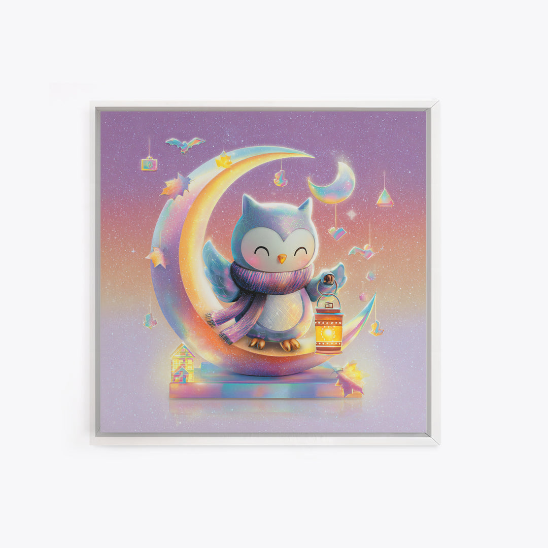 The Owl And The Crescent Moon, Retro Neon Halloween Art, Square Wall Art, Framed Canvas Print, Retro Halloween Decor, Neon Wall Art