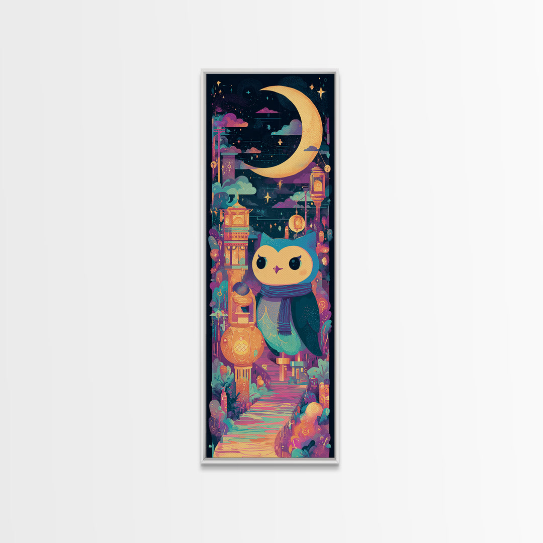 The Owl And The Crescent Moon, 80s Halloween Wall Art, Tall Narrow Wall Art, Canvas Print, Retro Halloween Decor, Neon Wall Art