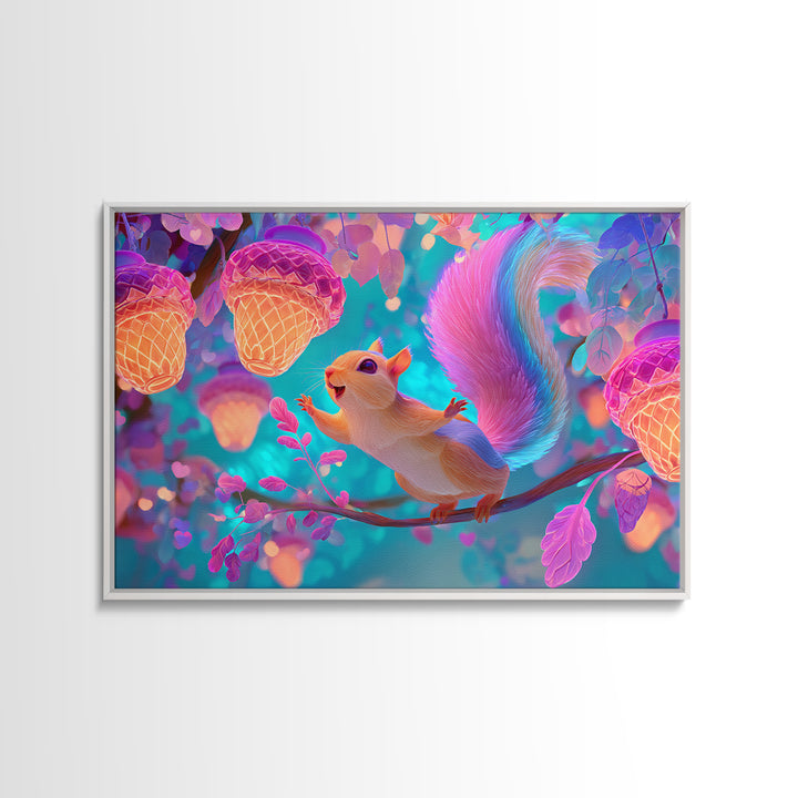 The Acorn Lantern Festival, Cute Spooky Neon Art, Landscape Wall Art, Framed Canvas Print, Retro Halloween Decor, Neon Wall Art