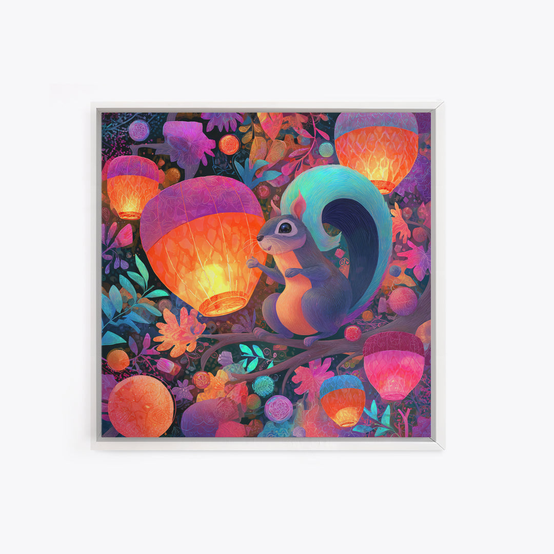 The Acorn Lantern Festival, Cute Spooky Neon Art, Square Wall Art, Framed Canvas Print, Retro Halloween Decor, Neon Wall Art