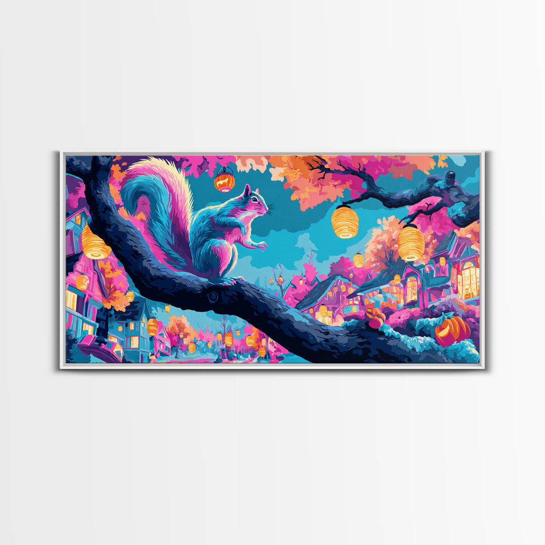The Acorn Lantern Festival, Synthwave Halloween Art, Wide Panoramic Art, Framed Canvas Print, Retro Halloween Decor, Neon Wall Art