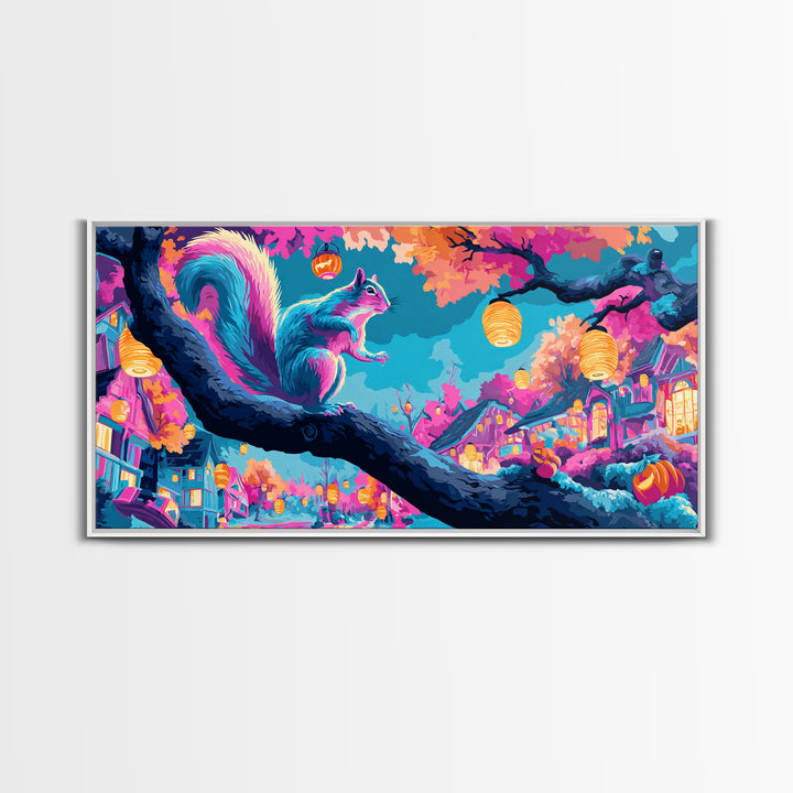 The Acorn Lantern Festival, Synthwave Halloween Art, Wide Panoramic Art, Framed Canvas Print, Retro Halloween Decor, Neon Wall Art