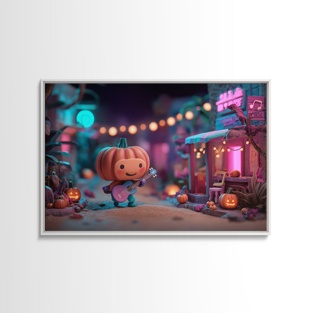 The Singing Pumpkin Patch, Vaporwave Halloween Decor, Landscape Wall Art, Framed Canvas Print, Retro Halloween Decor, Neon Wall Art