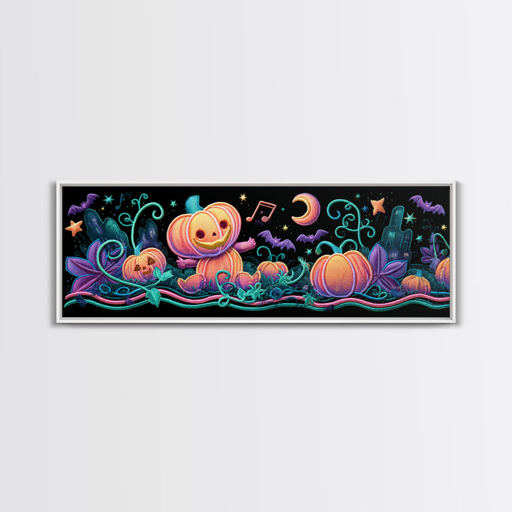The Singing Pumpkin Patch, Retro Neon Halloween Art, Extra Wide Wall Art, Canvas Print, Retro Halloween Decor, Neon Wall Art