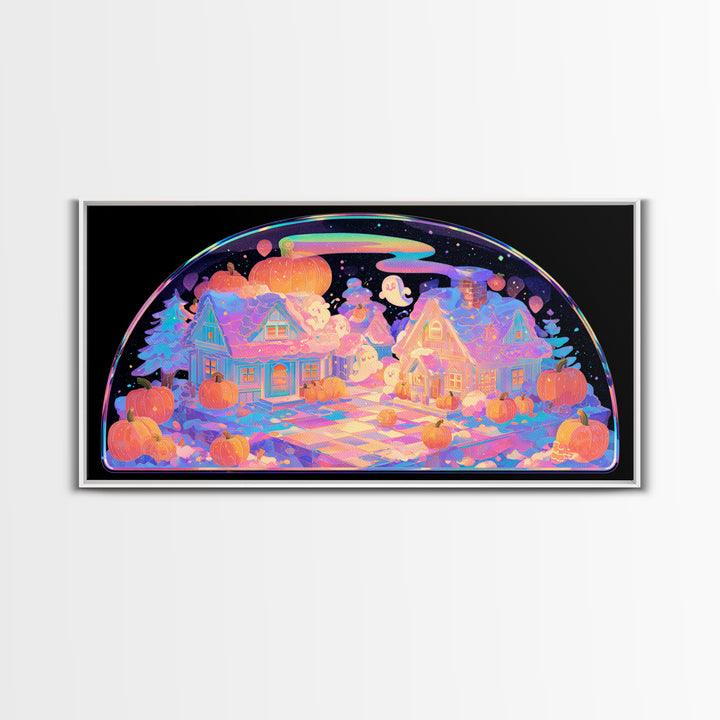 Halloween Inside A Snow Globe, 80s Halloween Wall Art, Wide Panoramic Art, Canvas Print, Retro Halloween Decor, Neon Wall Art