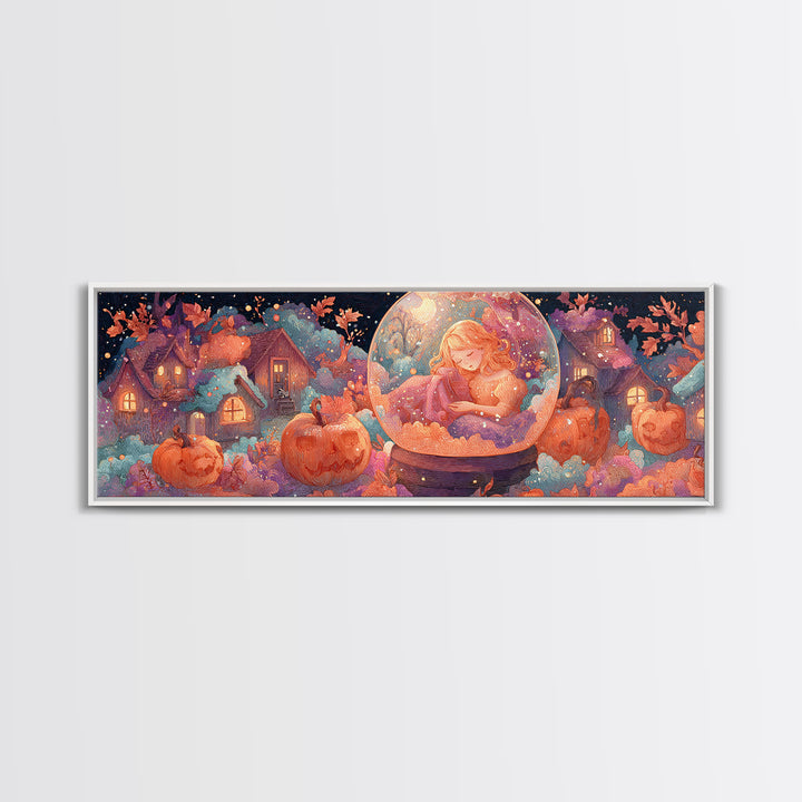 Halloween Inside A Snow Globe, 80s Halloween Wall Art, Extra Wide Wall Art, Canvas Print, Retro Halloween Decor, Neon Wall Art