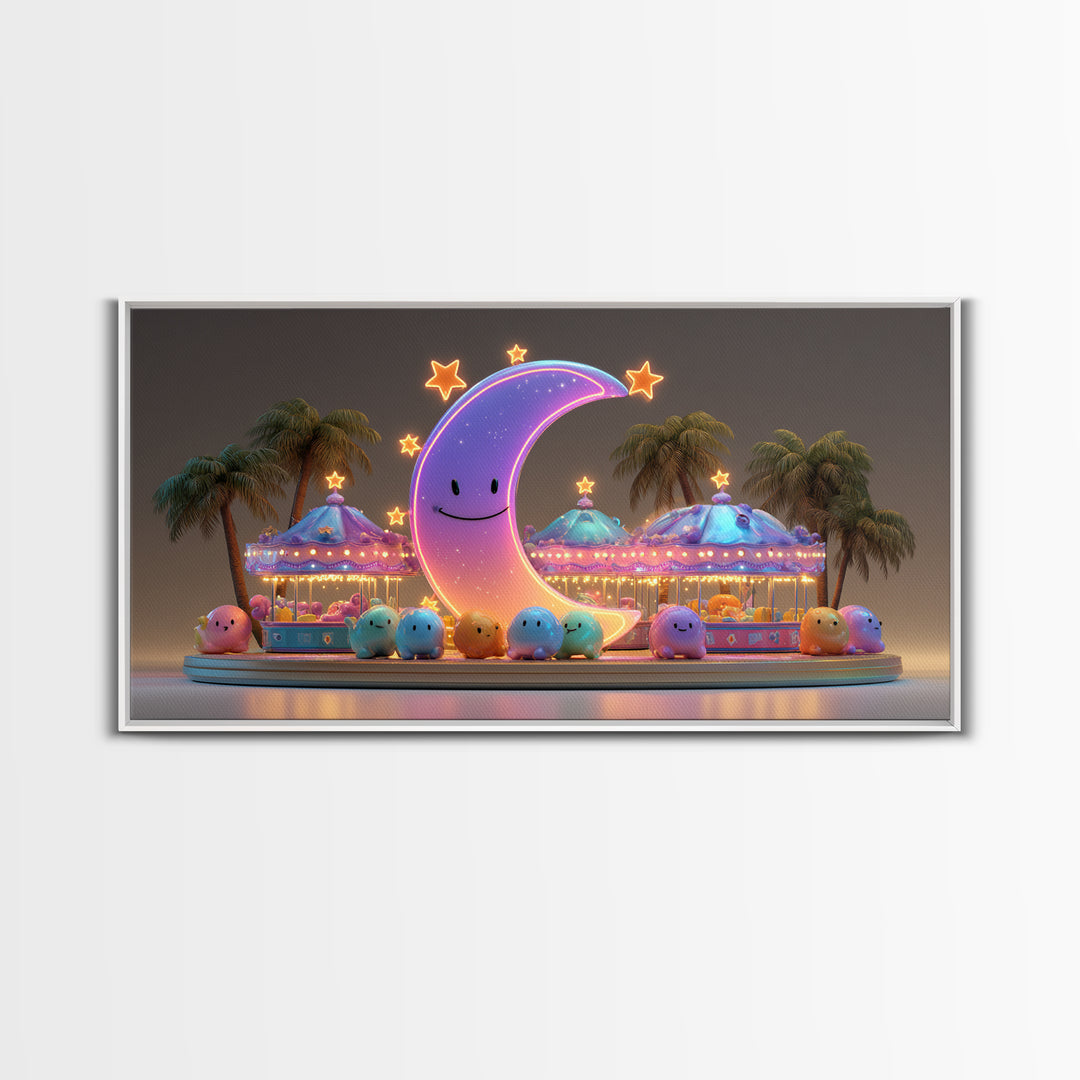 The Tiny Moon Carnival, Retro Neon Halloween Art, Wide Panoramic Art, Framed Canvas Print, Retro Halloween Decor, Neon Wall Art